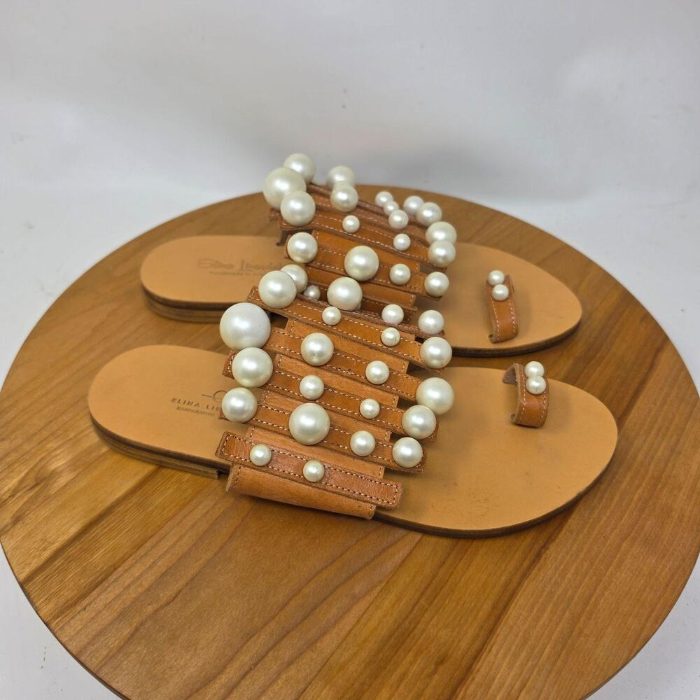 Elina Linardaki Sandal 8.5 Kelly Embellished Pearl Brown Leather Summer Handmade